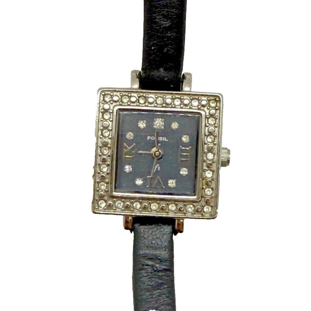 Fossil F2 Nordstrom ND-3586 Quartz Square Women's Watch Crystal Bezel Black Band
